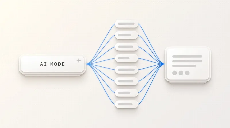 AI Mode search field from which many sub-searches branch out and converge in an answer card with sources