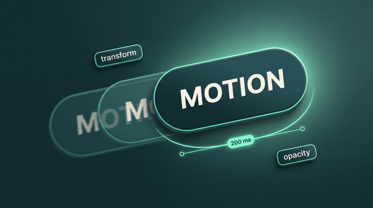 Dunkles Thumbnail zum Thema Website-Animationen: ein Button mit der Aufschrift Motion, der mit Bewegungsspur nach rechts gleitet, darunter eine Easing-Kurve mit dem Label 200 ms und die Chips transform und opacity in Mint auf Petrol.