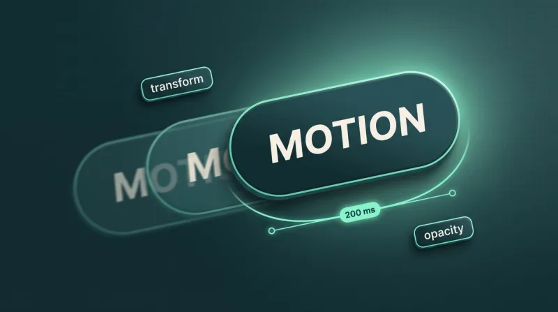 Dark thumbnail on website animations: a button labeled Motion gliding to the right with a motion trail, below it an easing curve labeled 200 ms and the chips transform and opacity in mint on petrol.