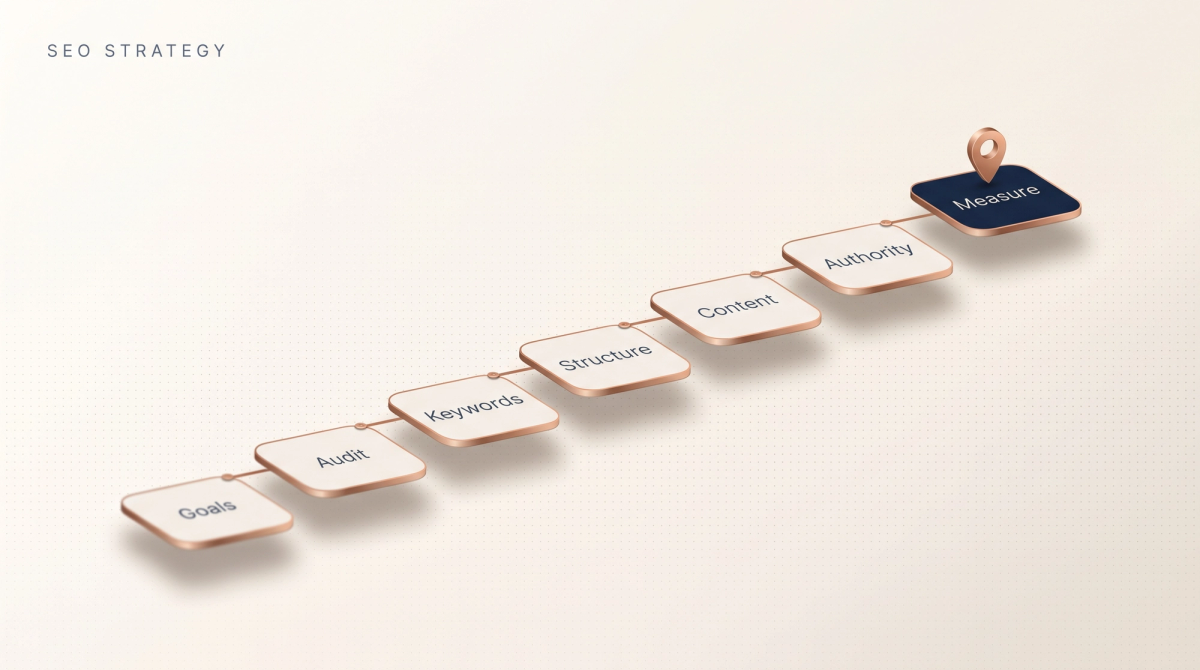 Helles Thumbnail zum Thema SEO-Strategie: sieben Roadmap-Karten von Goals bis Measure steigen treppenförmig an, verbunden durch eine Kupferlinie, Endpunkt in Navy mit Pin auf Elfenbein.