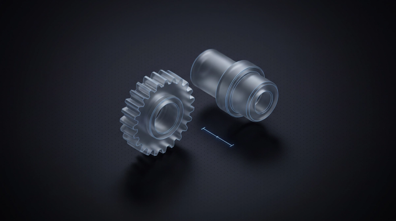 Gear and machine part made of matte glass with steel-blue edge lighting, a symbol for industrial websites
