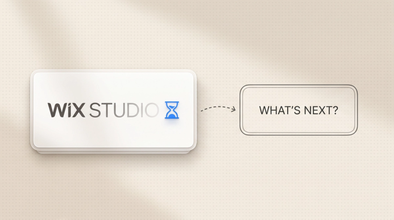 Wix Studio card with an hourglass and a dashed arrow to an empty card with the question What is next