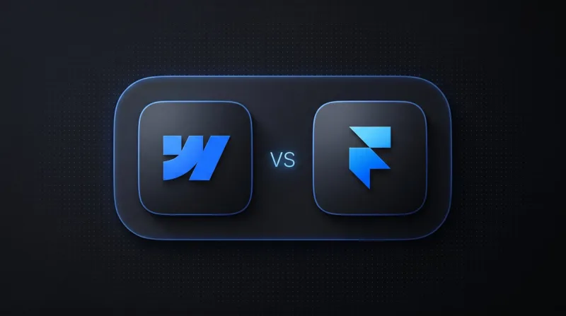 Dark thumbnail comparing Webflow and Framer: two app tiles with the Webflow and Framer logos, a vs in between.