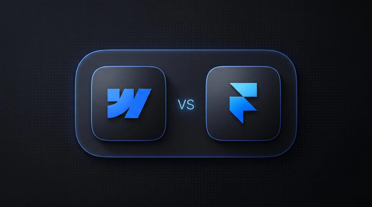 Dunkles Thumbnail zum Vergleich Webflow und Framer: zwei App-Kacheln mit dem Webflow- und dem Framer-Logo, dazwischen ein vs.