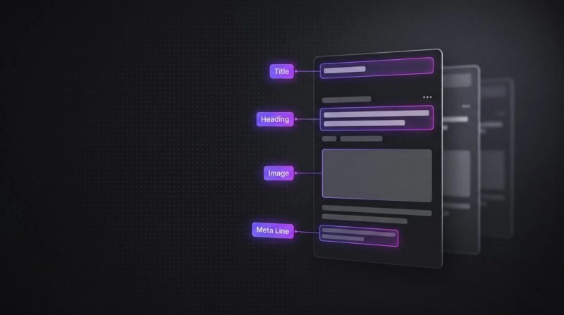 Dark thumbnail on on-page SEO: a page with violet annotation tags Title, Heading, Image and Meta Line on its elements.