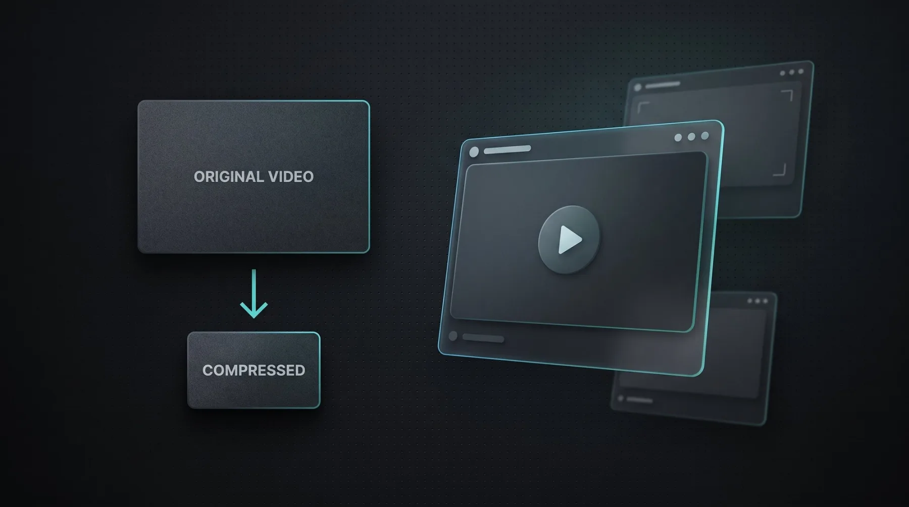 Dark thumbnail on optimizing videos for the web: an original video block that turns into a smaller compressed block via an arrow, plus a video player with a play button.