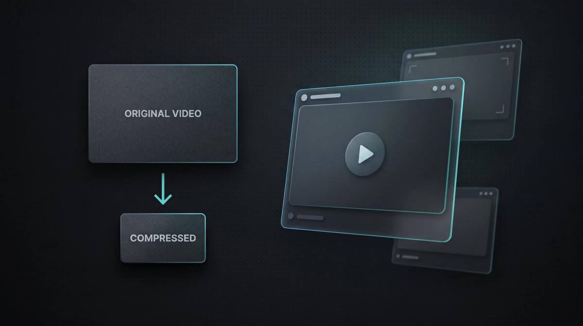 Dunkles Thumbnail zum Thema Videos fuers Web optimieren: ein Original-Video-Block, der per Pfeil zu einem kleineren komprimierten Block wird, plus ein Video-Player mit Play-Button.