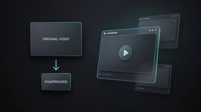 Dark thumbnail on optimizing videos for the web: an original video block that turns into a smaller compressed block via an arrow, plus a video player with a play button.