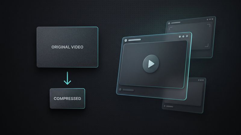 Dunkles Thumbnail zum Thema Videos fuers Web optimieren: ein Original-Video-Block, der per Pfeil zu einem kleineren komprimierten Block wird, plus ein Video-Player mit Play-Button.