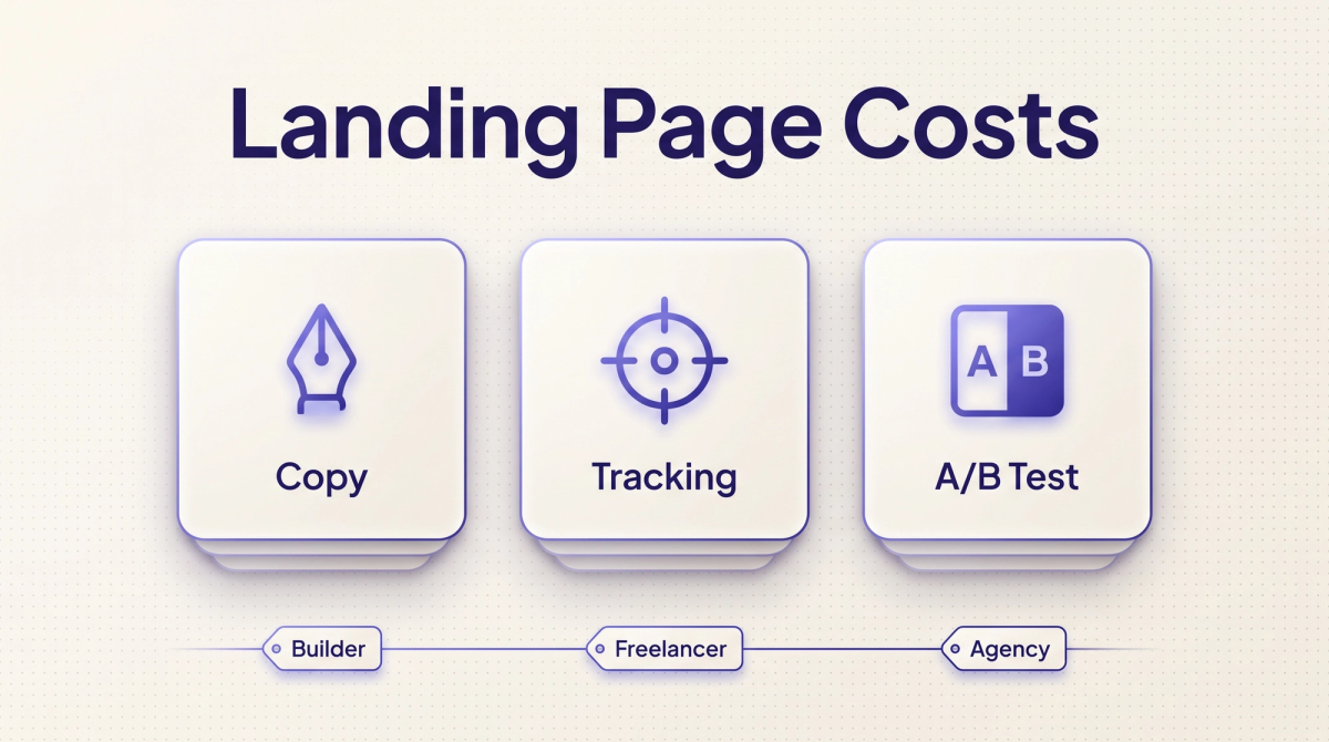 Helles Thumbnail zum Thema Landingpage-Kosten: drei Karten mit den Kostentreibern Copy, Tracking und A/B-Test über einer Linie mit den Optionen Builder, Freelancer und Agency.