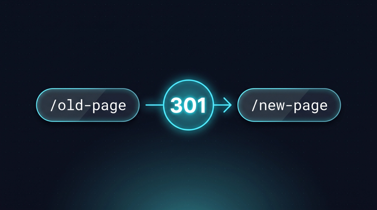 Eine alte URL zeigt per 301-Weiterleitung auf eine neue URL, das Statuscode-Badge steht in der Mitte