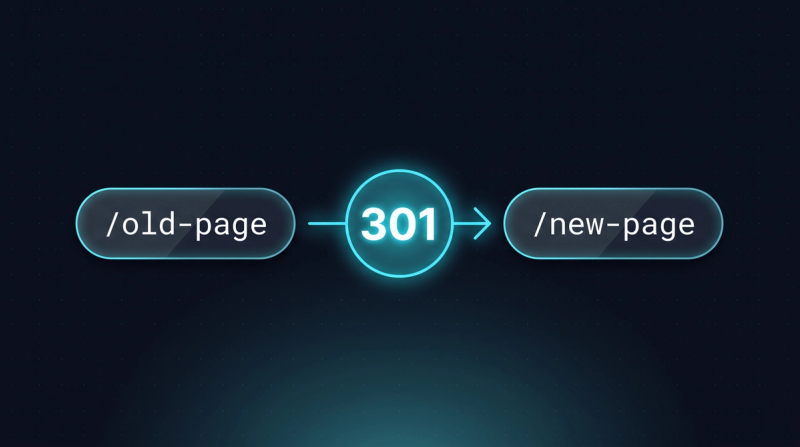 An old URL points to a new URL via a 301 redirect, with the status code badge in the middle