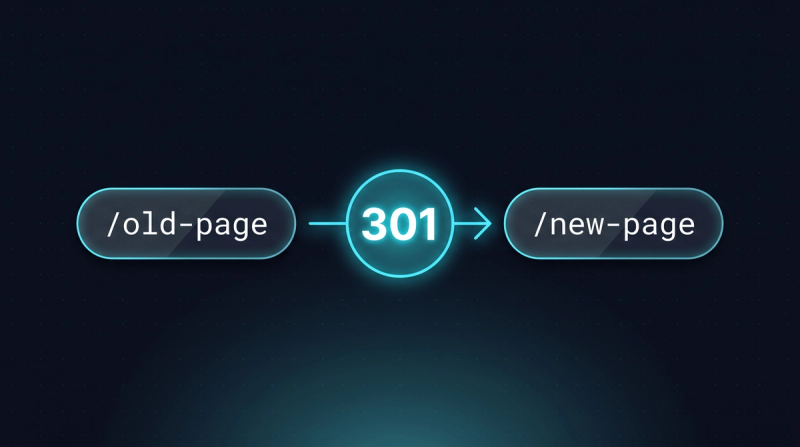 Eine alte URL zeigt per 301-Weiterleitung auf eine neue URL, das Statuscode-Badge steht in der Mitte