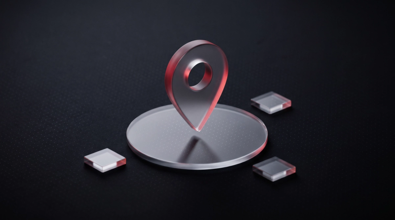 Red glowing glass map pin on a round glass disc, a symbol for web design agencies in Nuremberg