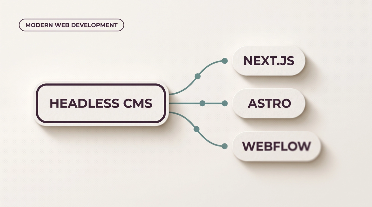 Helles Thumbnail zum Thema moderne Web-Entwicklung: ein Diagramm, in dem ein Headless-CMS-Knoten über türkise Verbindungslinien auf Next.js, Astro und Webflow verweist.