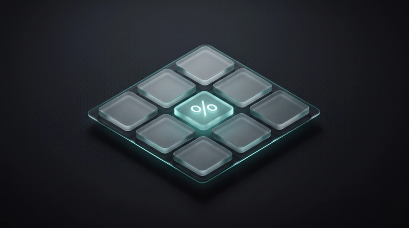 Grid of glass keys with a glowing percent sign, a symbol for tax advisor websites