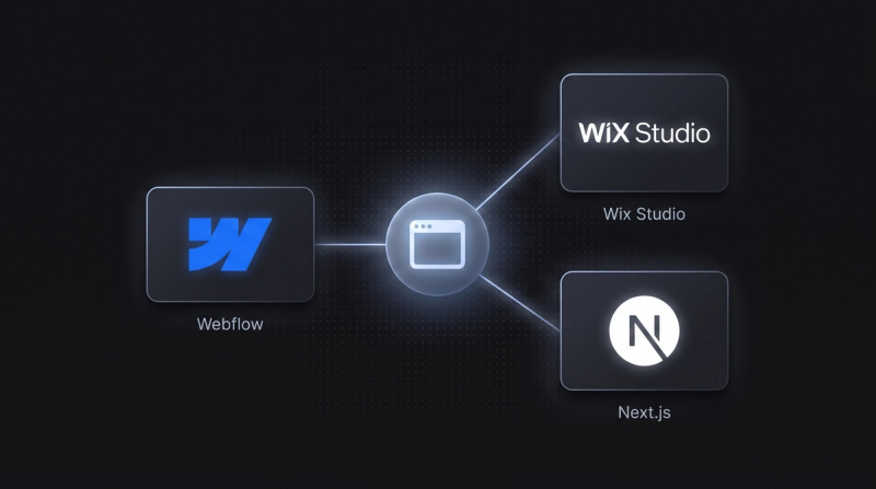 Logo constellation: Webflow, Wix Studio and Next.js around a central website node.