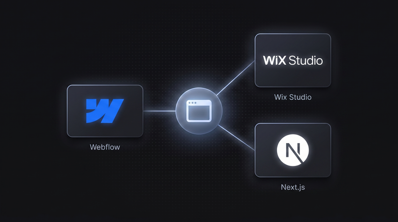 Logo-Konstellation: Webflow, Wix Studio und Next.js um einen zentralen Website-Node.