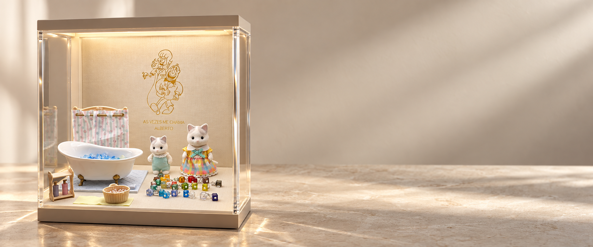 Vitrine com ilustração de Alberto & Sofia, bonecos e jujubas