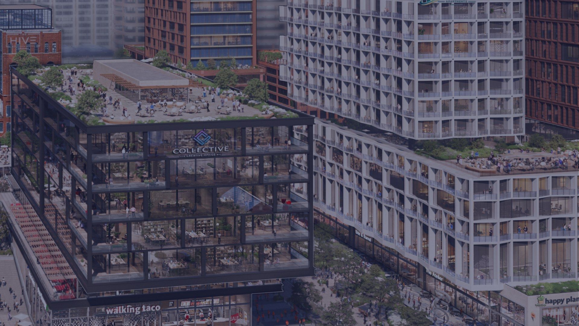 Venue-anchored sports and entertainment district rendering — North America