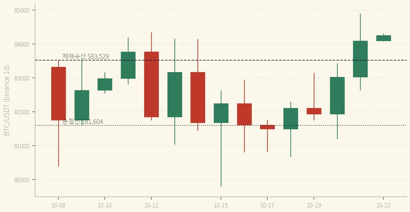 10/8~10/22 BTC 일봉 — 위쪽 선 위에서 닫힌 다음 날, 아래쪽 선 아래에서 닫혔다 (binance, 일봉 09:00 KST 마감)