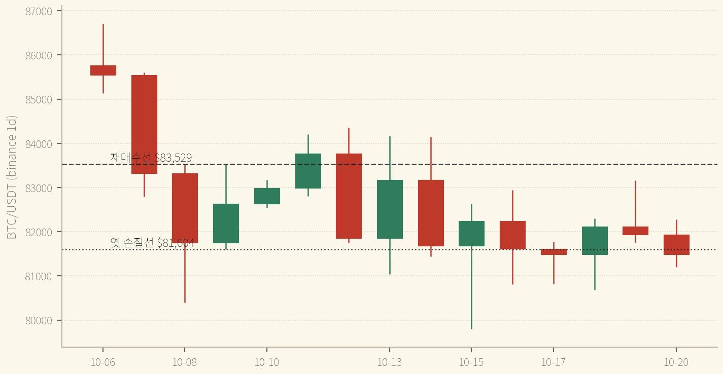 10/6~10/20 BTC 일봉 — 마지막 두 봉의 고가가 재매수선 바로 아래에서 꺾였다 (binance, 일봉 09:00 KST 마감)