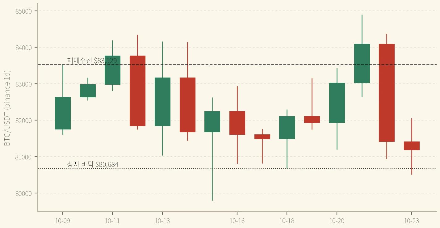 10/9~10/23 BTC 일봉 — 마지막 봉이 아래 선을 꼬리로만 뚫고 그 위에서 닫혔다 (binance, 일봉 09:00 KST 마감)