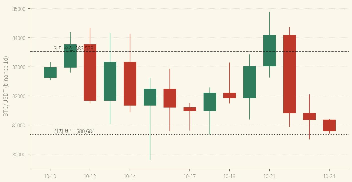 10/10~10/24 BTC 일봉 — 마지막 두 봉이 아래 선을 꼬리로 뚫고 그 위에서 닫혔다 (binance, 일봉 09:00 KST 마감)