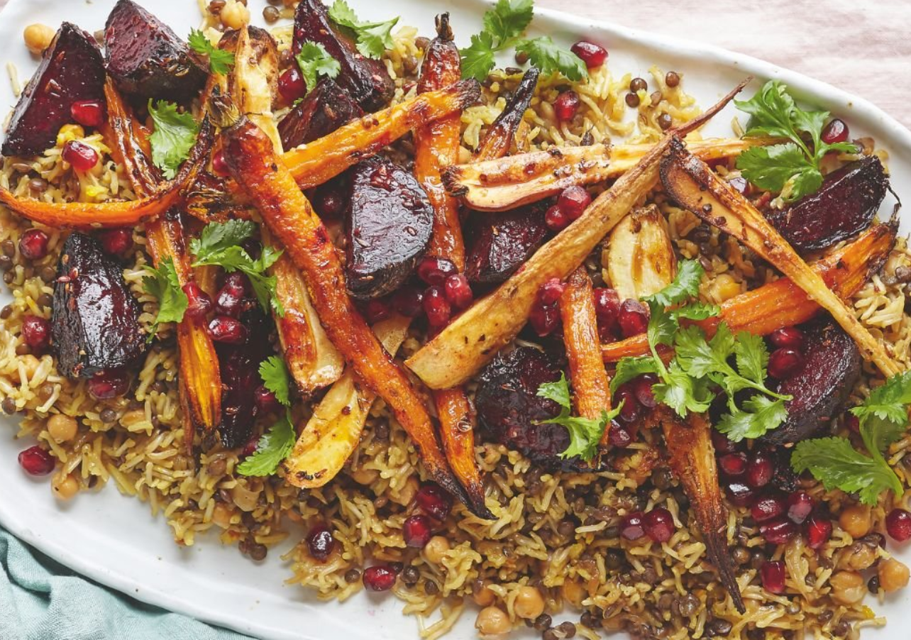 Rice and Lentils with Tahini Roasted Root Veg