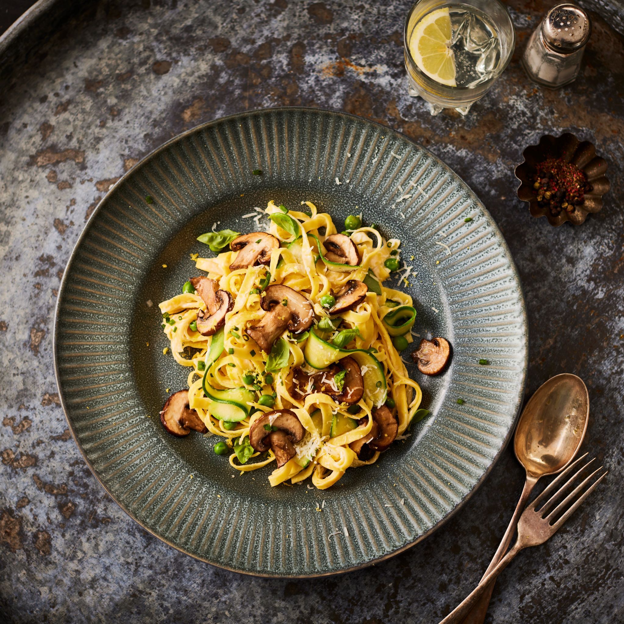 Taglietelle with mushroom, courgette, pea and summer herbs