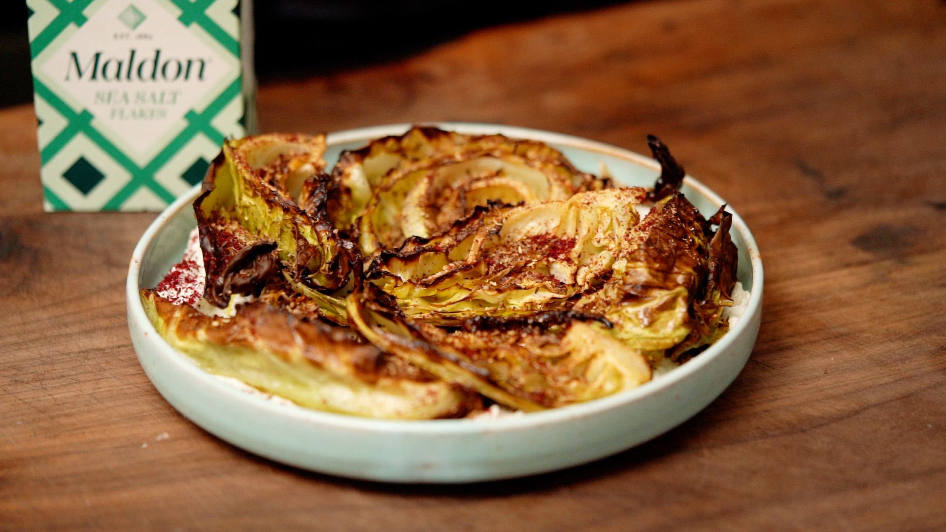 Charred cabbage with almond cream and spiced salt