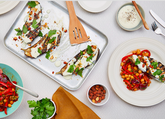 Charred aubergine with red pepper chickpea salad