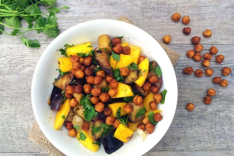 Aubergine Mango Salad with Spicy Roasted Chickpeas