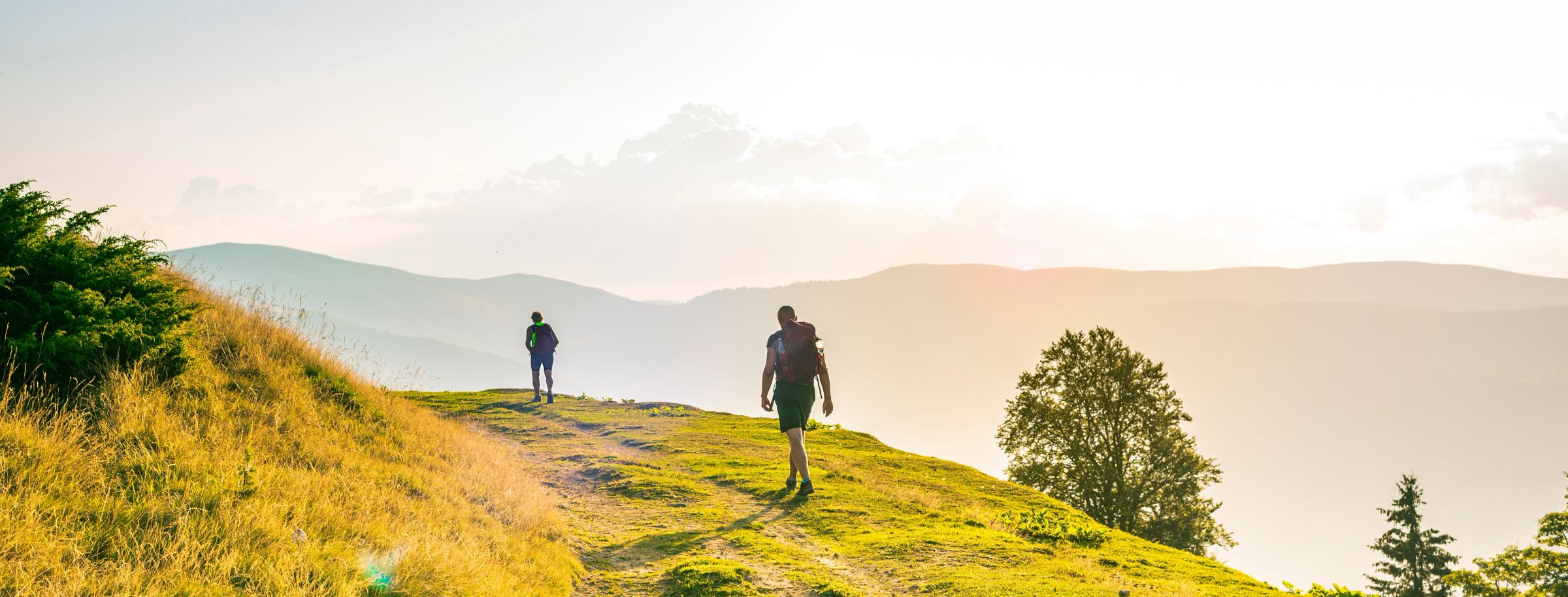 A man and a woman walking up a hill
