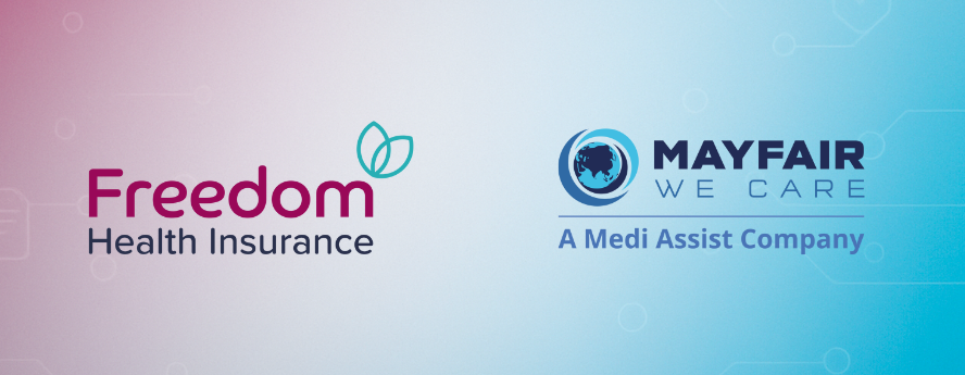 Freedom Health Insurance and Mayfair We Care logos side by side
