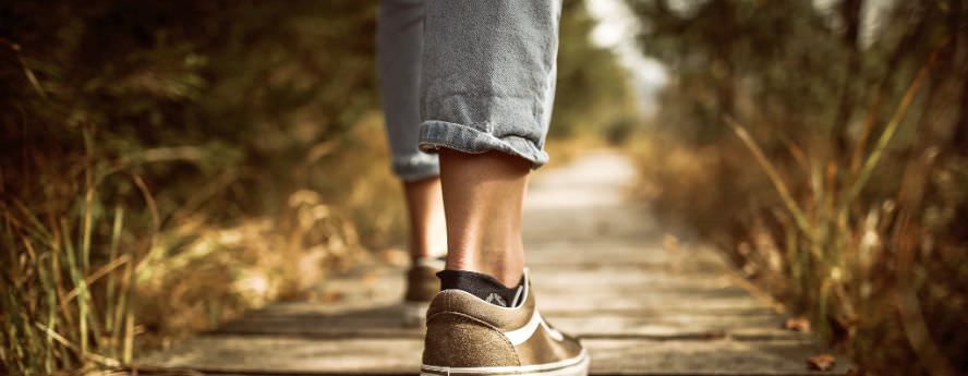 A person walking along a wooden path through woodland