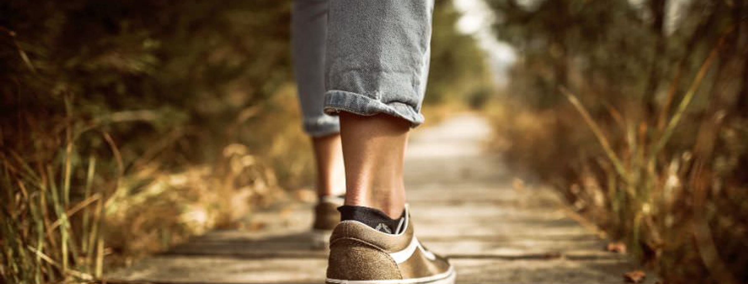 A person walking along a wooden path through woodland