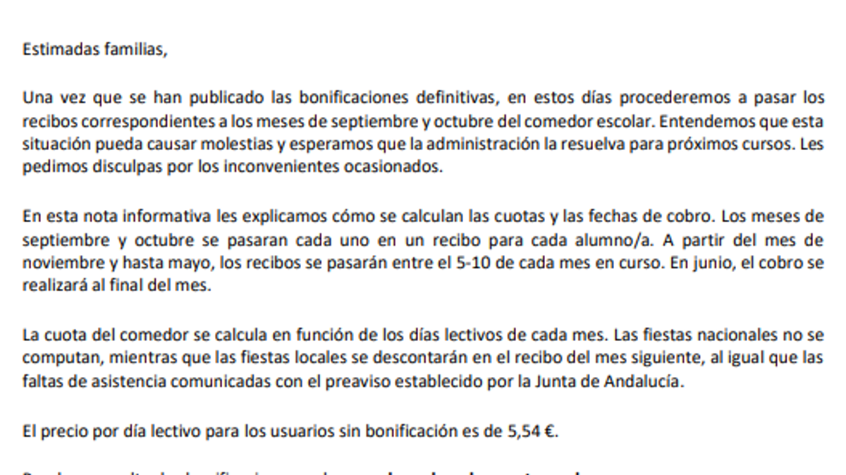 Nota Informativa sobre Cobros de Comedor