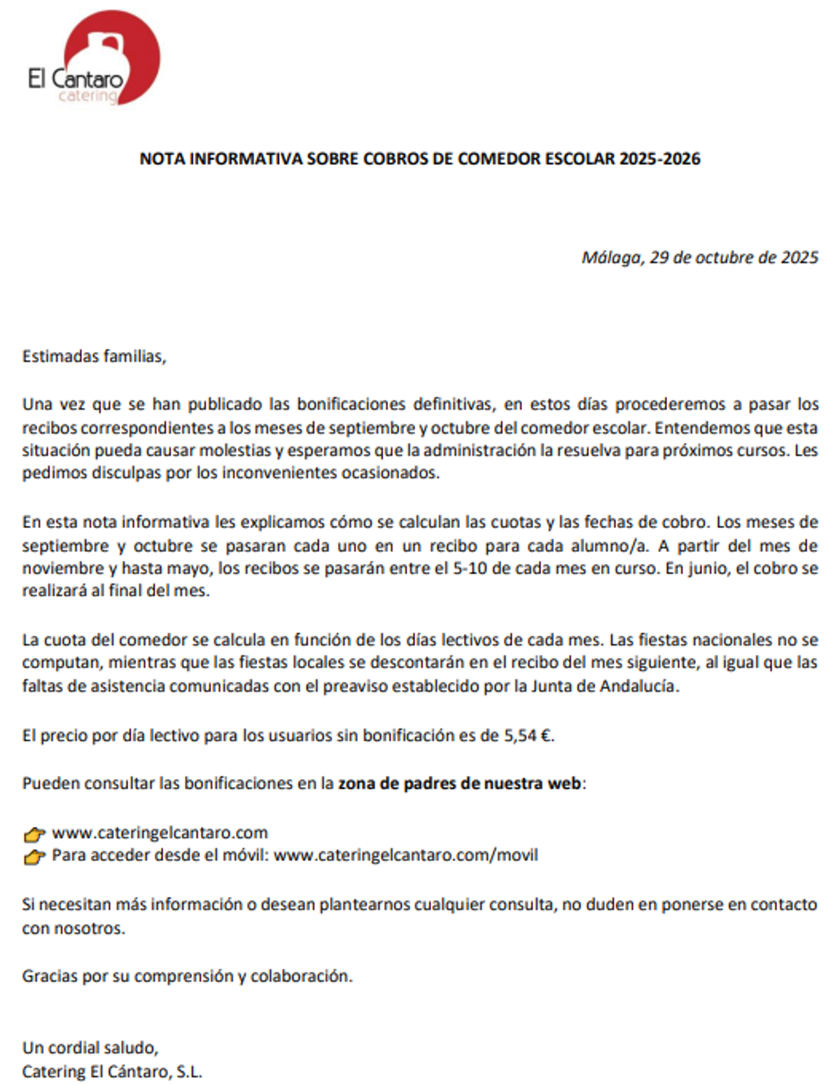 Nota Informativa sobre Cobros de Comedor
