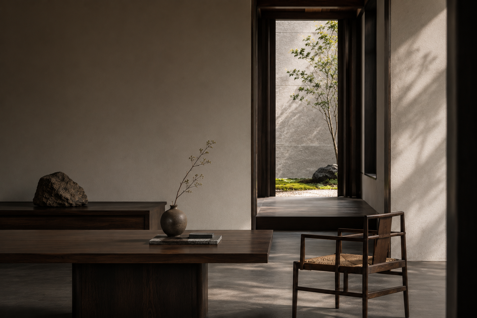 A composed contemporary Oriental room with dark wood furniture and architectural light