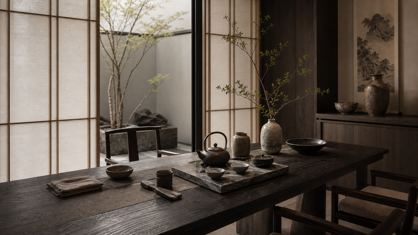 Contemporary Oriental tea room with low table and dark wood seating