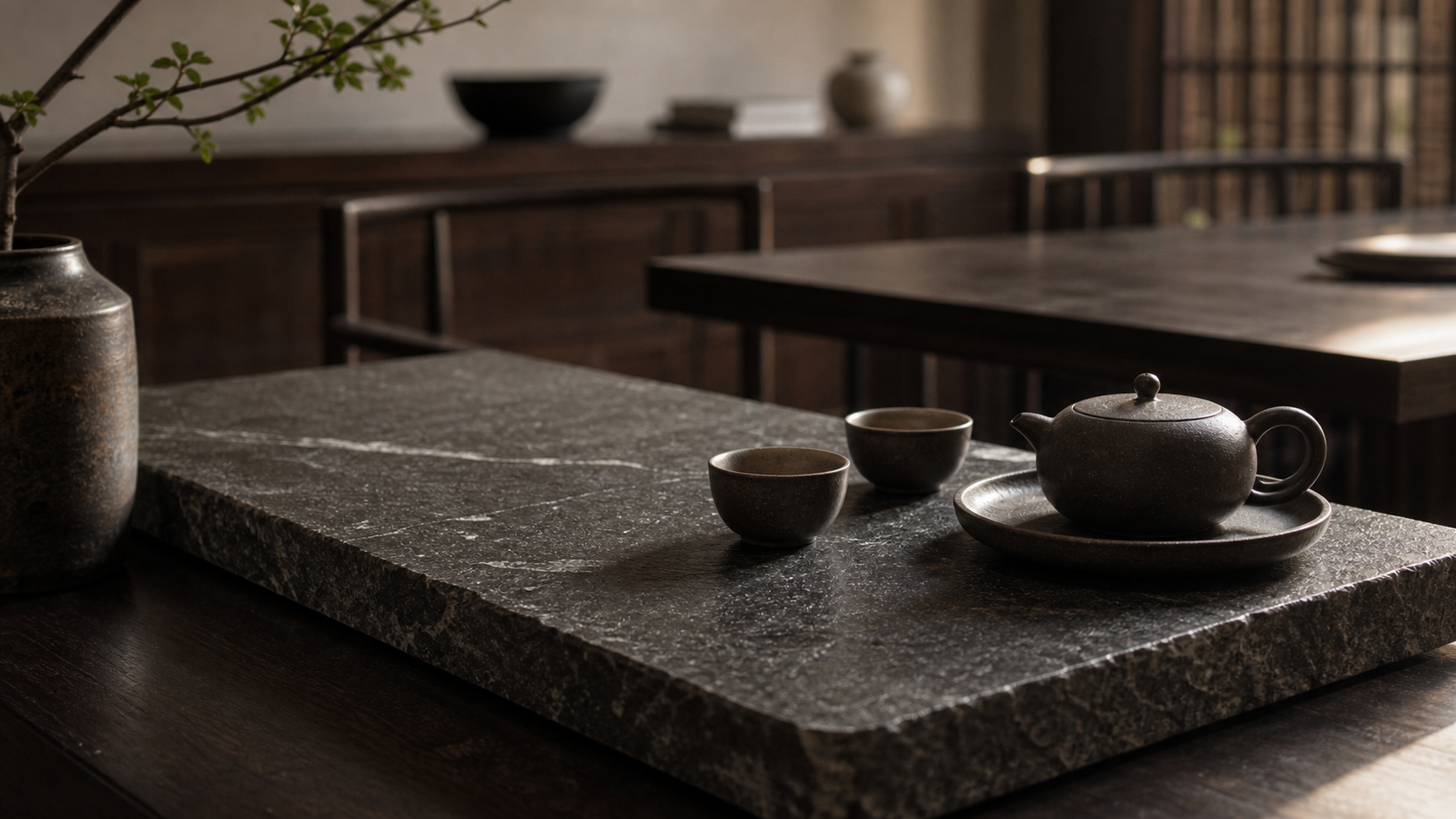 天然石材台面、茶器与深色木作家具