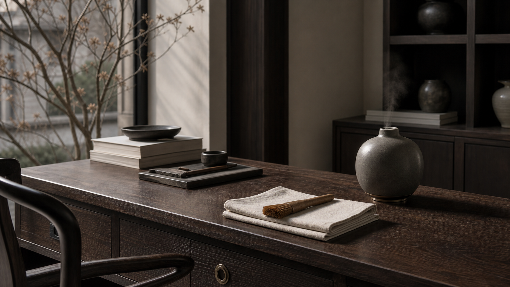 Quiet study with dark wood furniture in soft daylight