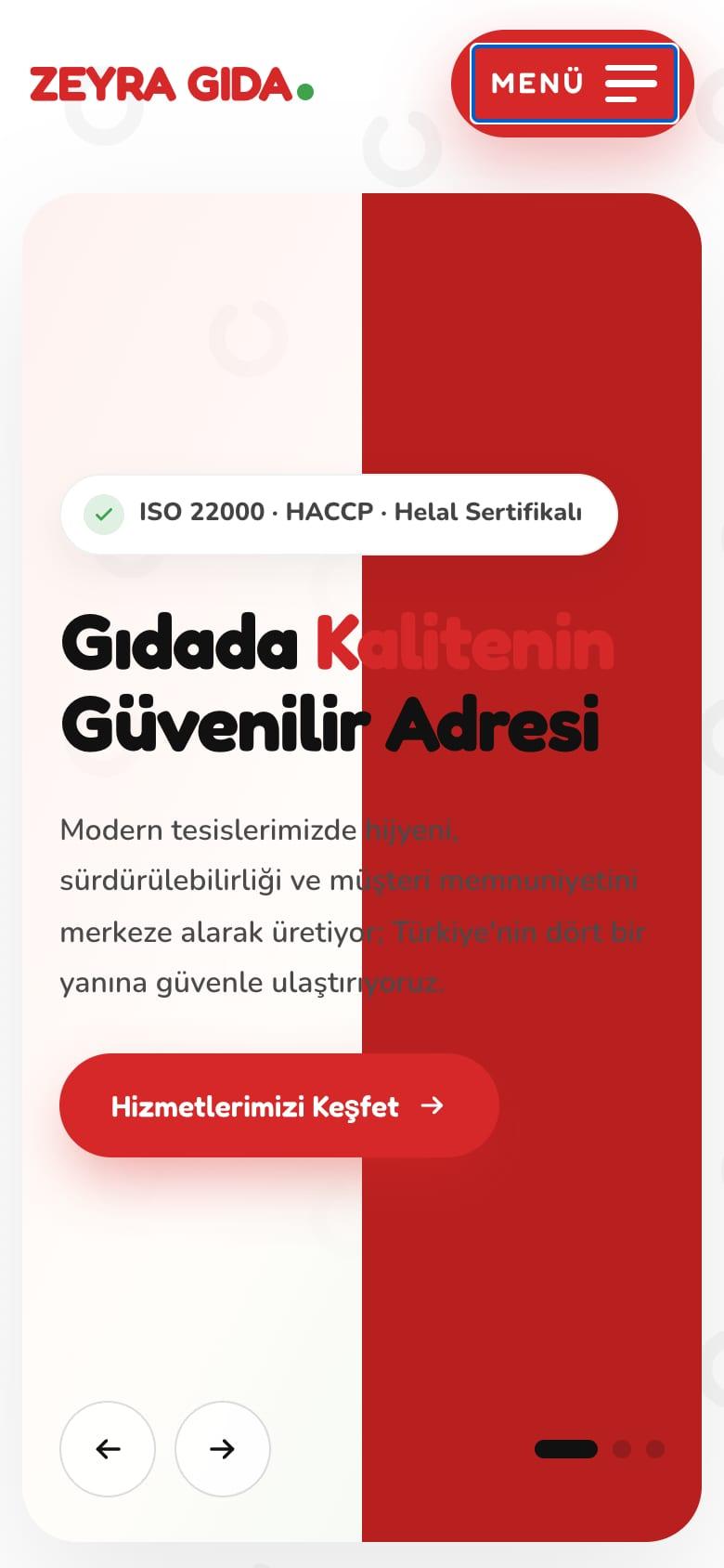 ZEYRA GIDA home page, mobile view