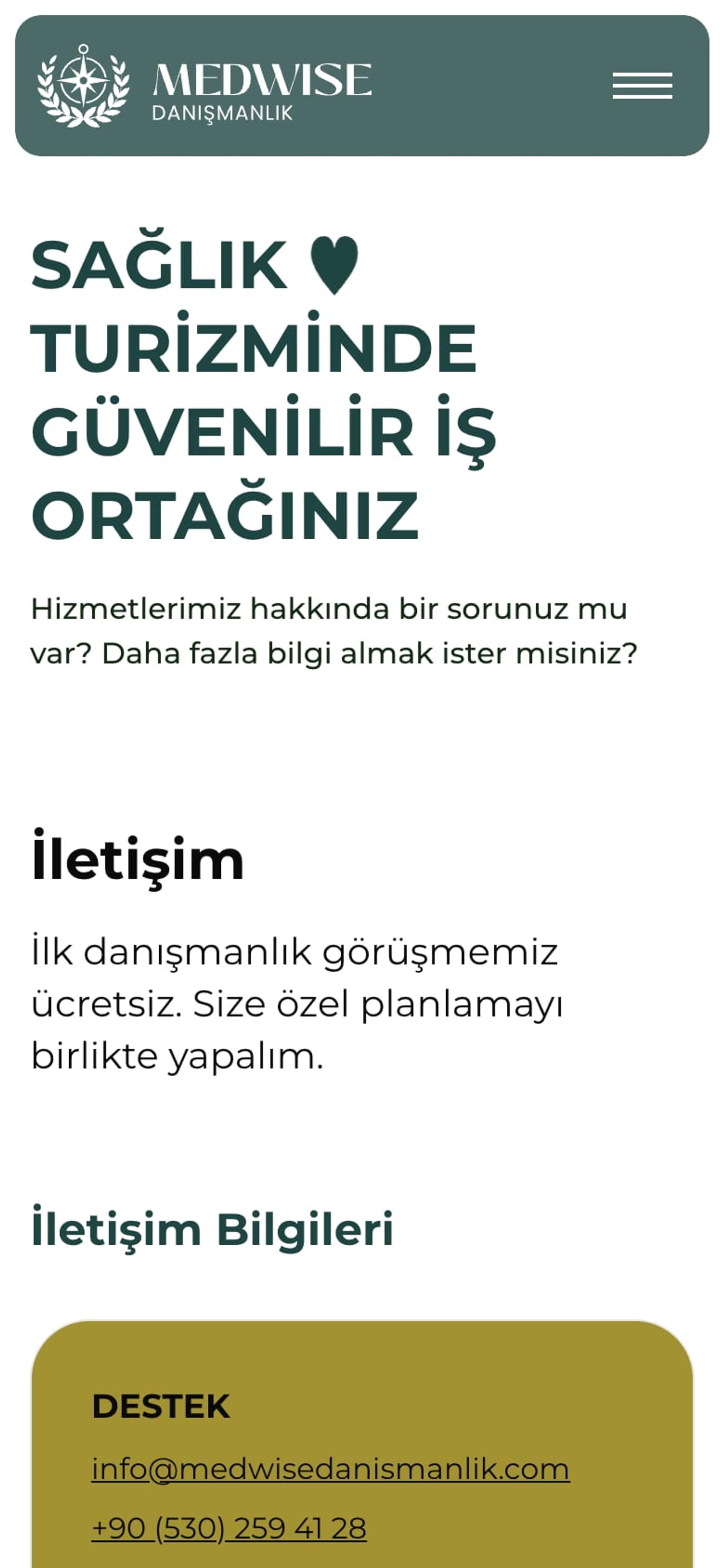 Medwise Danışmanlık contact page, mobile view