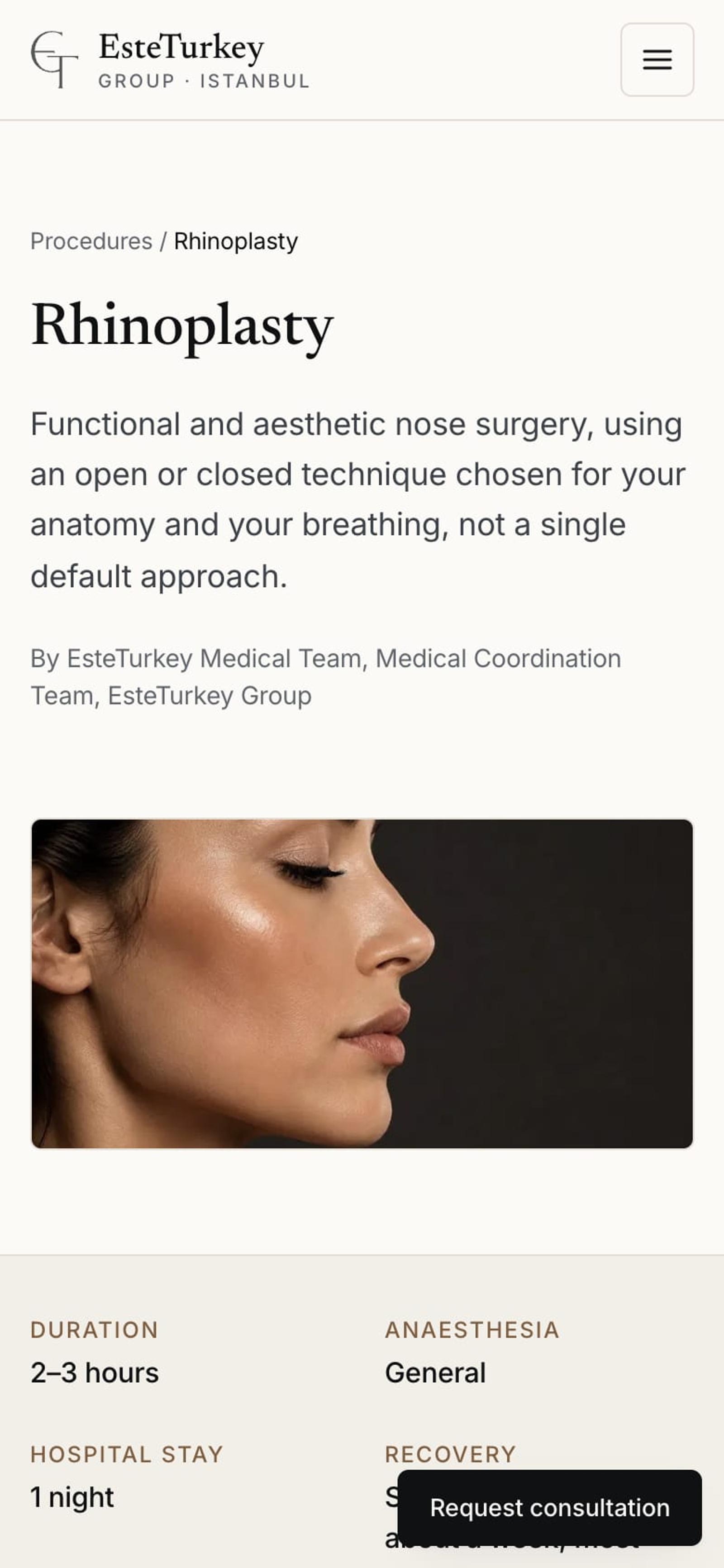 EsteTurkey Group rhinoplasty procedure page, mobile view