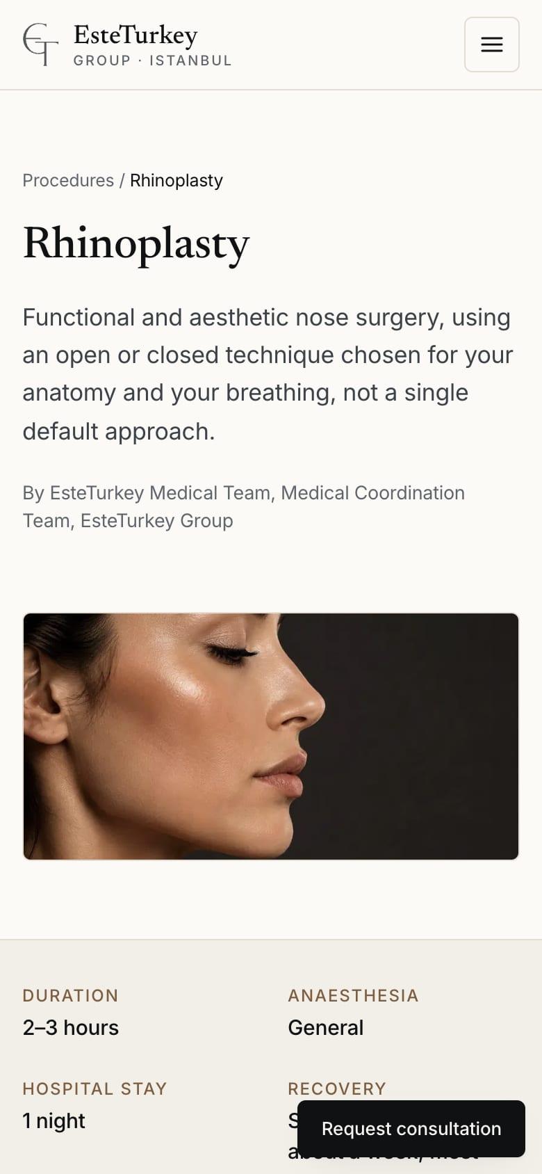 EsteTurkey Group rhinoplasty procedure page, mobile view