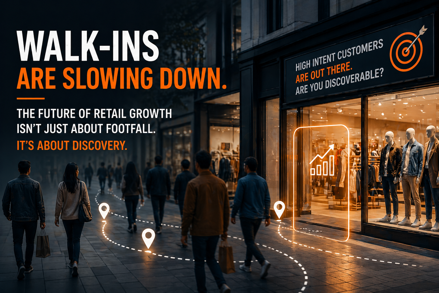 Retail customers walking past stores while brands compete for attention highlighting the shift beyond traditional walk-ins and footfall growth