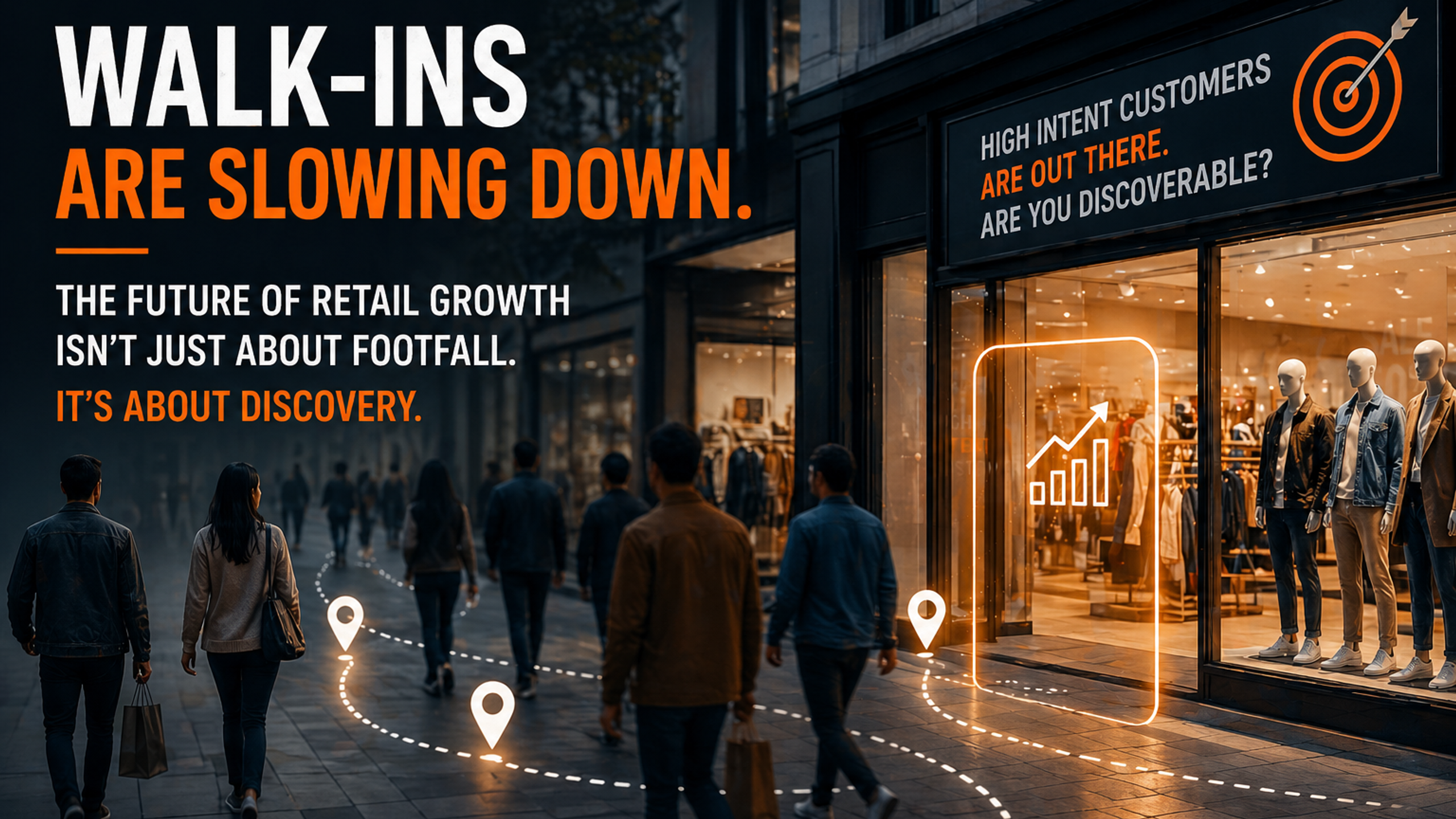 Retail customers walking past stores while brands compete for attention highlighting the shift beyond traditional walk-ins and footfall growth