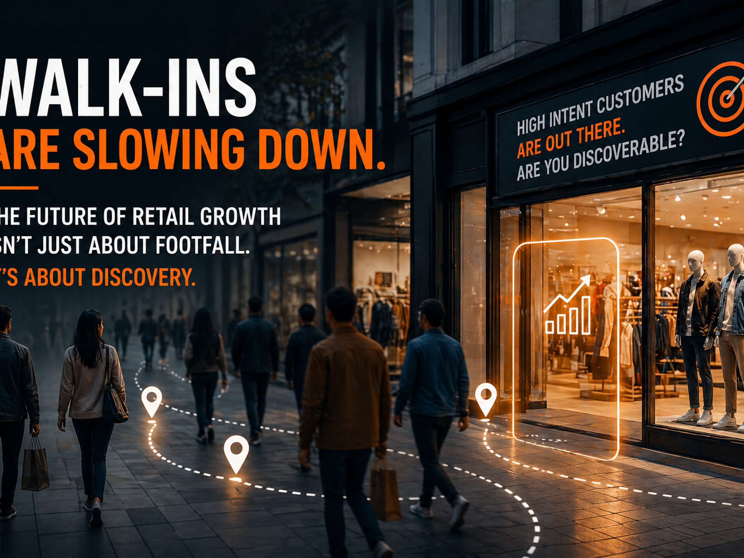Retail customers walking past stores while brands compete for attention highlighting the shift beyond traditional walk-ins and footfall growth